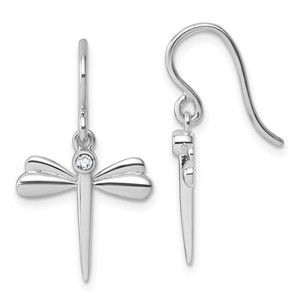 925 Sterling Silver Rhodium-plated Diamond Dragonfly Dangle Earrings